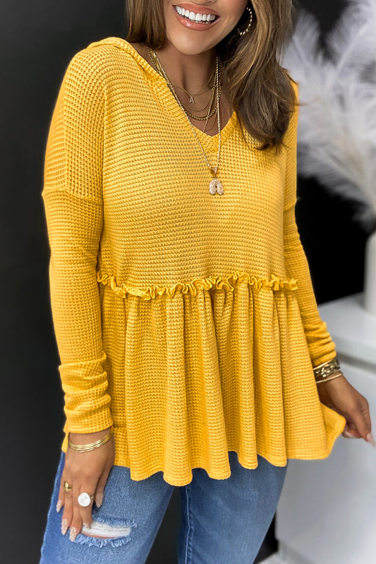 Yellow V Neck Drop Shoulder Hooded Flowy Top