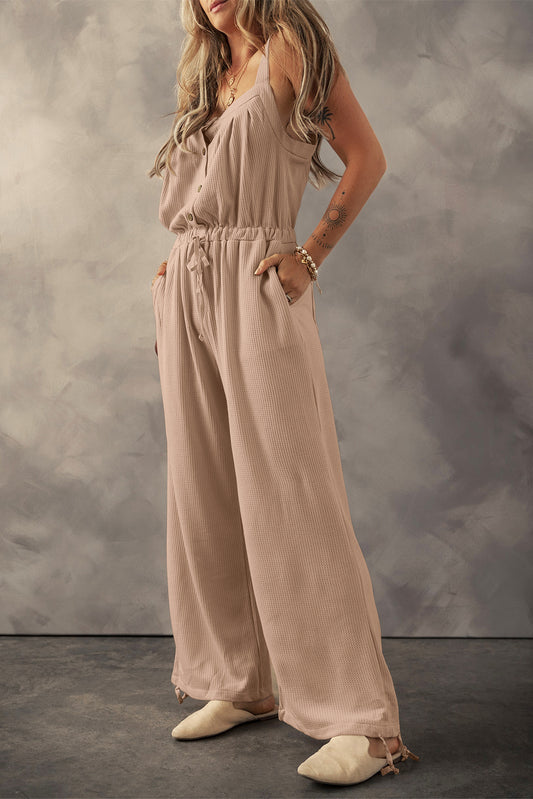 Pale Khaki Knotted Straps Textured Drawstring Jumpsuit