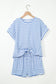Black Stripe Knitted Short Sleeve Top and Drawstring Shorts Set