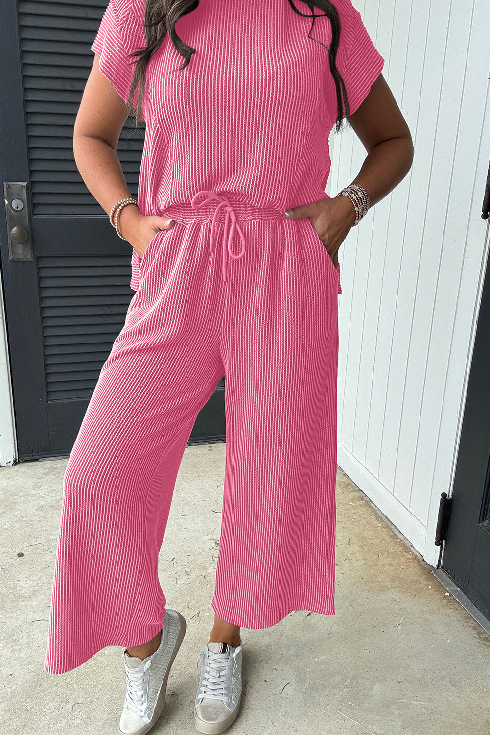 Smoke Gray Solid Corded Knit Short Sleeve T Shirt and Wide Leg Pants Set