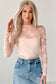 Apricot Pink Sheer Floral Lace Mesh Mock Neck Long Sleeve Top