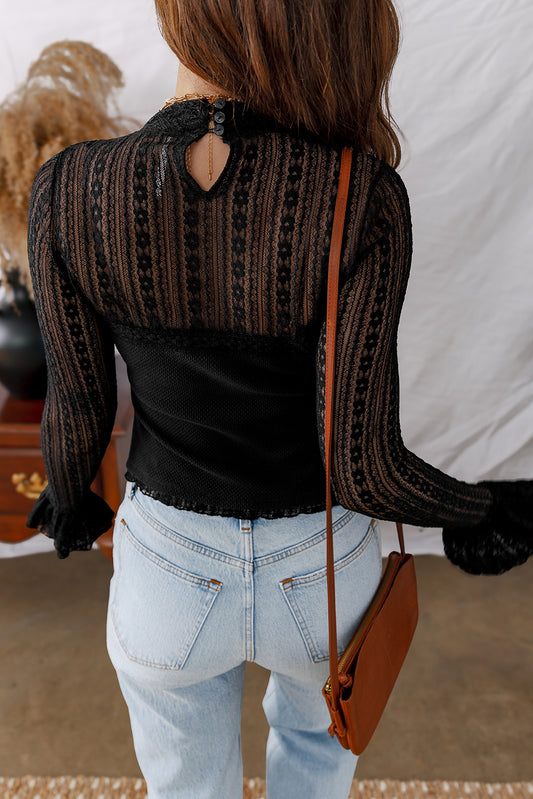 Black Lace Patchwork Flounce Sleeve Slim Fit Top