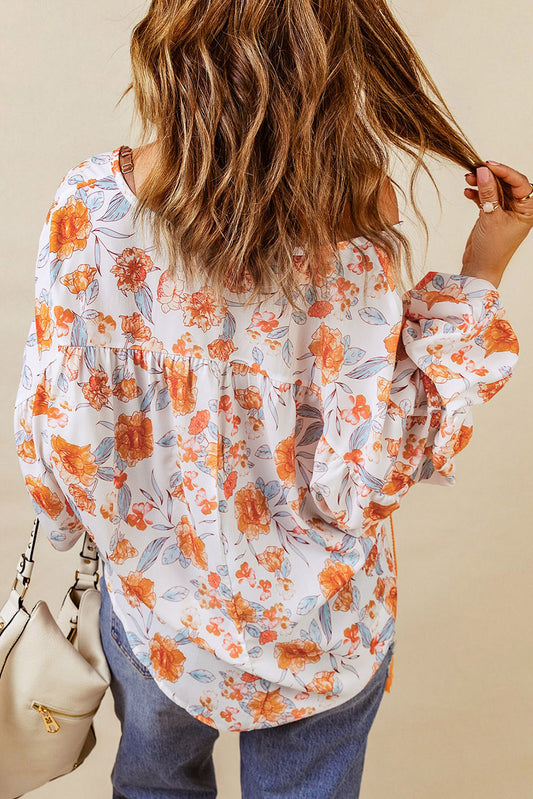 Orange Split V Neck Floral Print Dolman Blouse