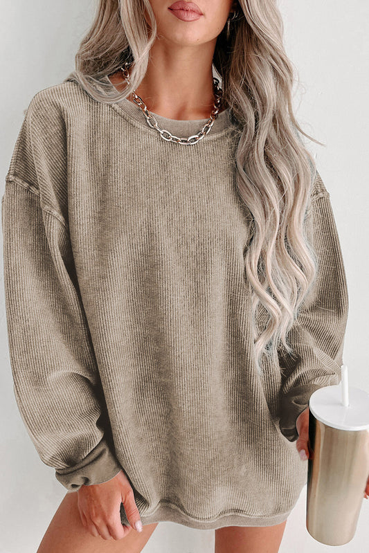 Khaki Ribbed Knit Round Neck Pullover Sweatshirt