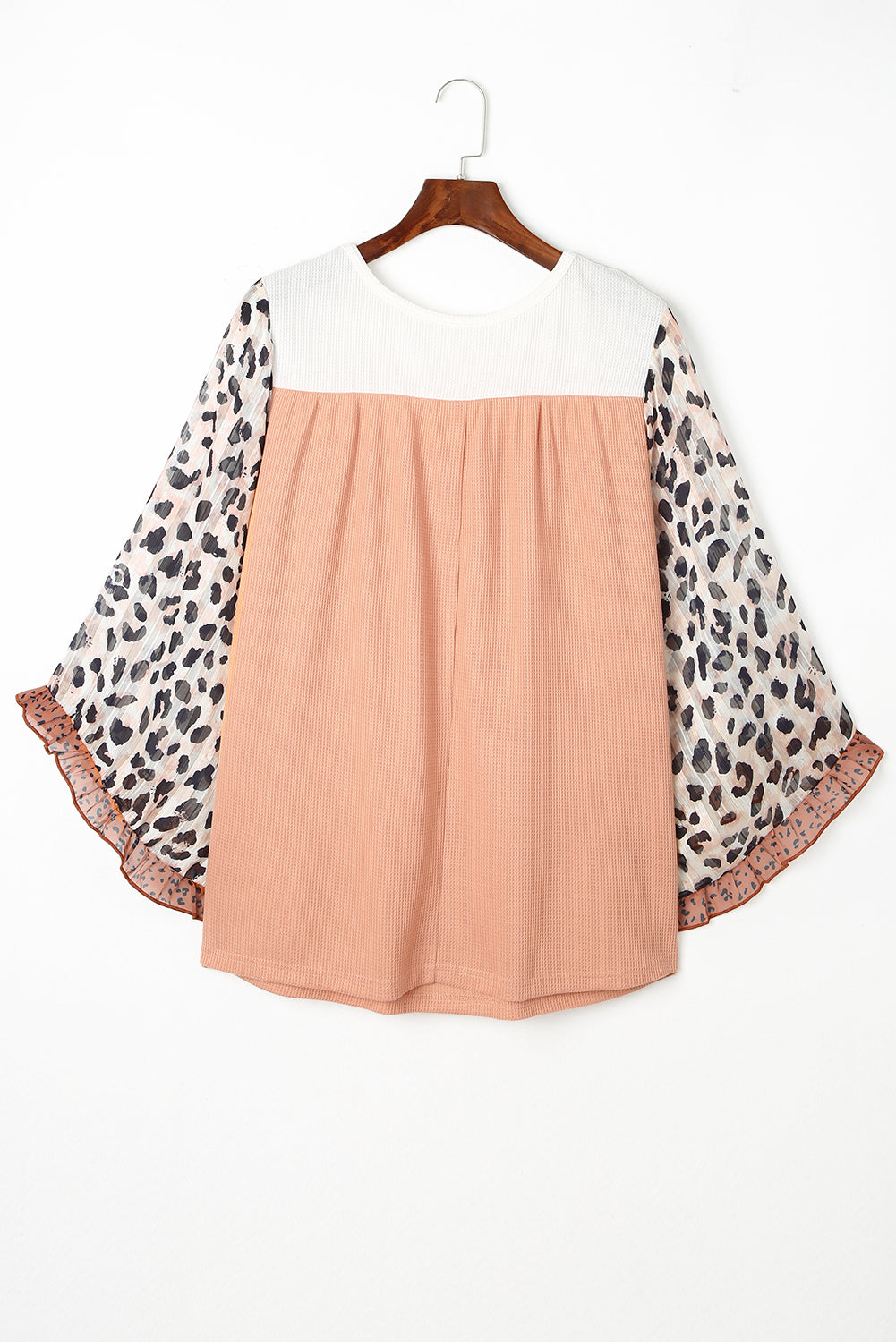 Plus Size Leopard Print Ruffle Sleeve Color Block Top