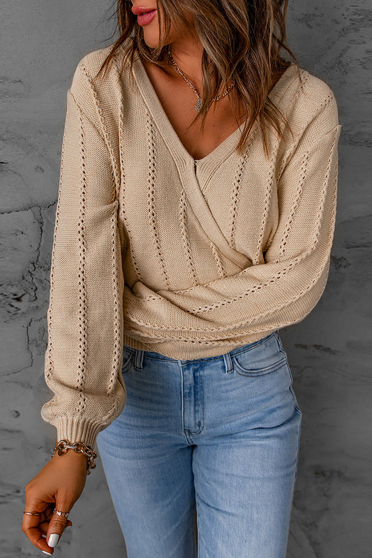 Apricot Hollow Out V Neck Pullover Sweater