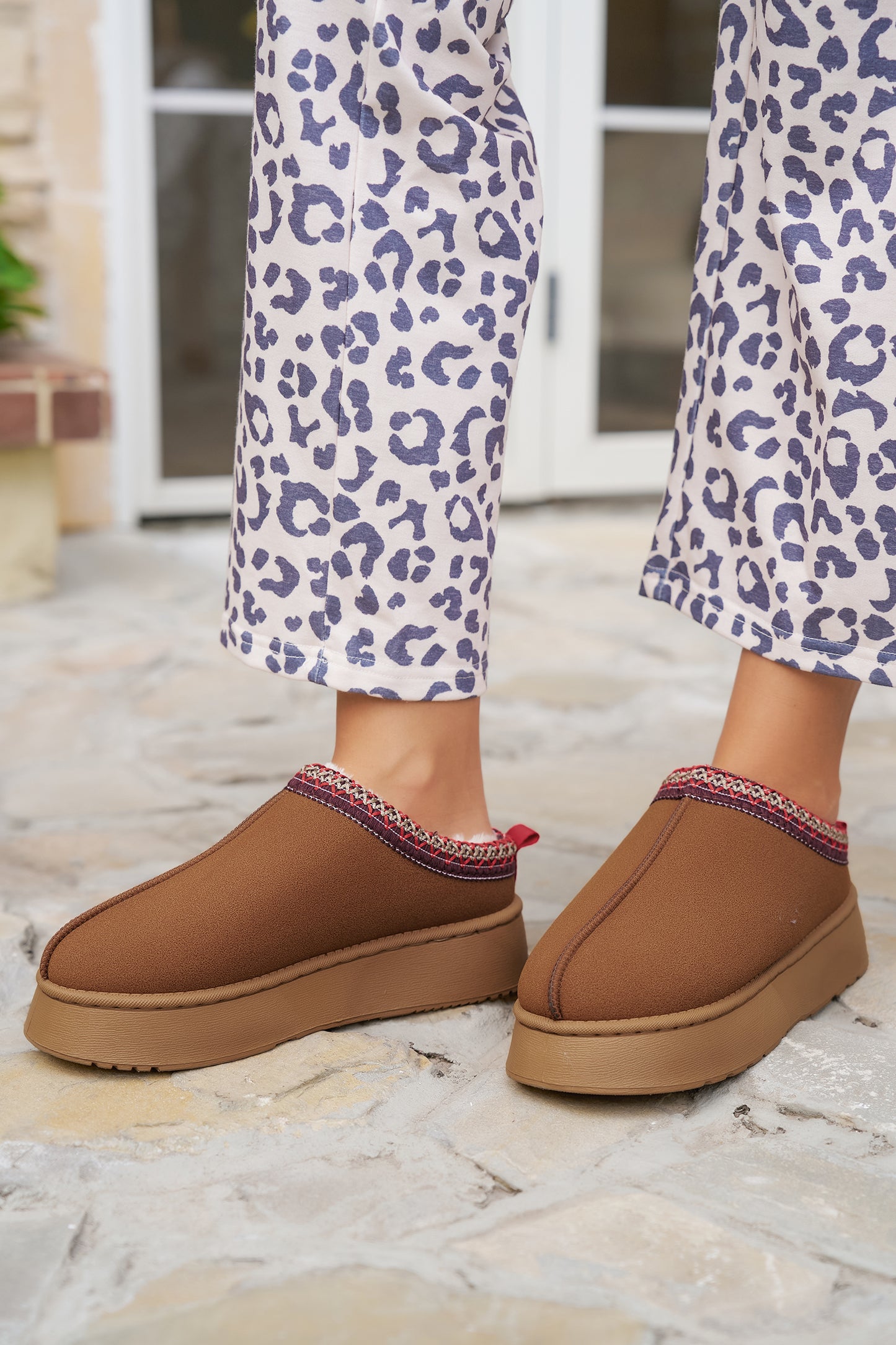 Chestnut Suede Contrast Print Round Toe Plush Lined Flats