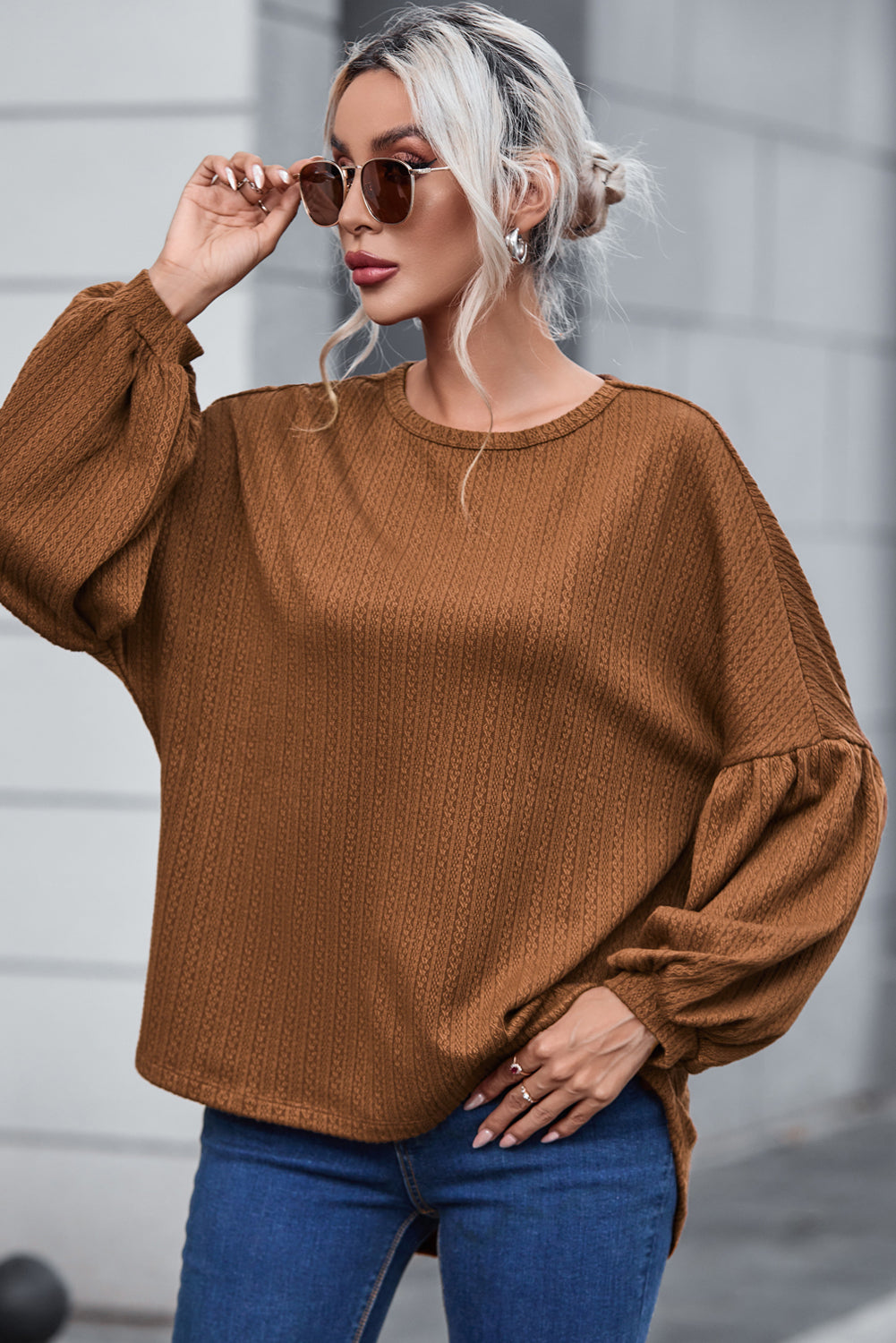 Faux Knit Jacquard Puffy Long Sleeve Top