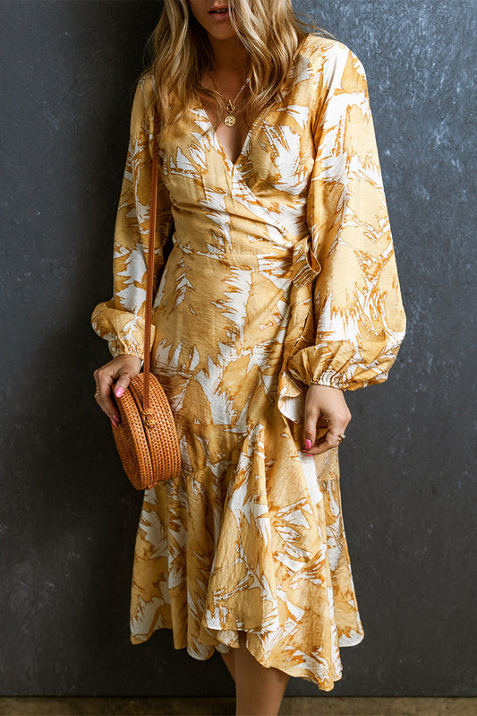 V Neck Wrap Lace up Bubble Sleeve Yellow Floral Dress