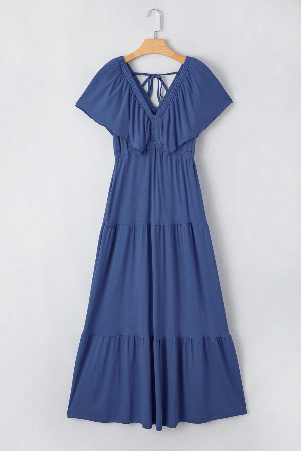 Textured V Neck Flutter Sleeve Ruffled Maxi Dress