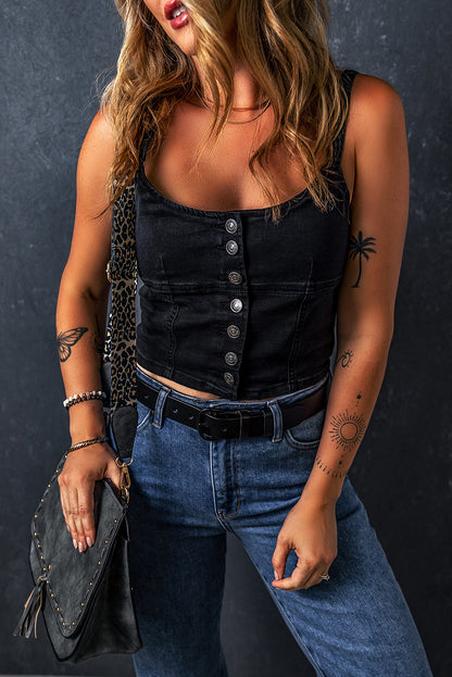 Black Acid Wash Buttoned Cropped Slim Denim Tank Top