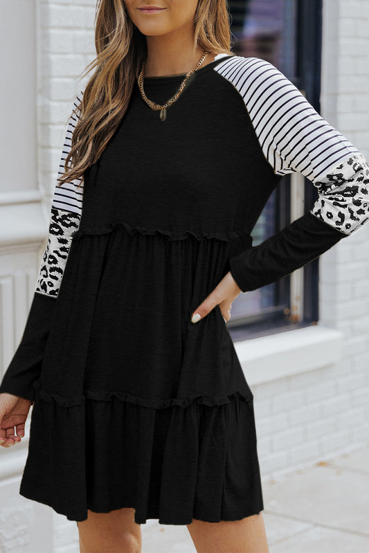 Black Striped Leopard Long Sleeve Mini Dress