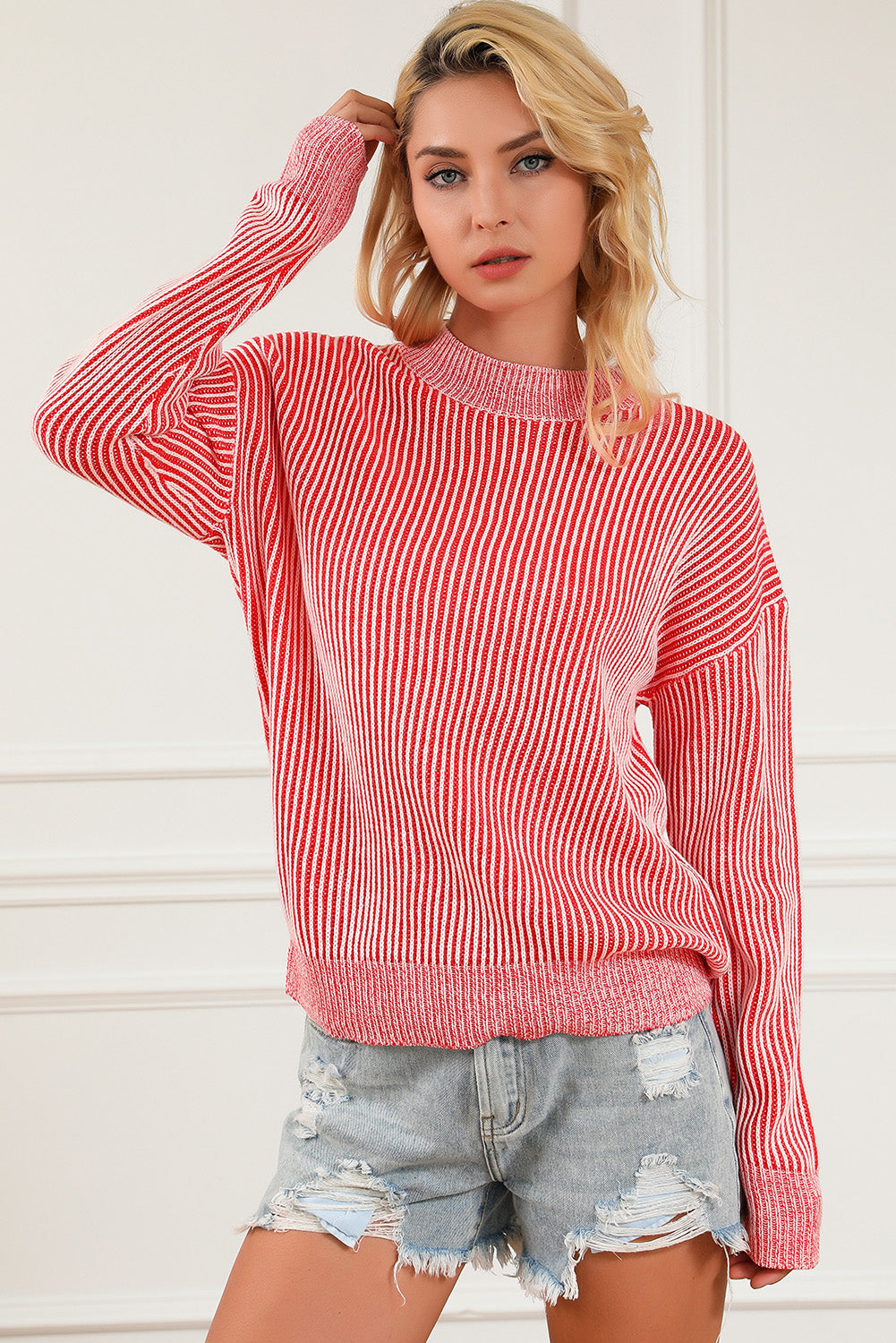 Striped Print Ribbed Trim Round Neck Sweater