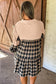 Black Plaid Waffle Knit Patchwork Collared V Neck Plus Size Mini Dress