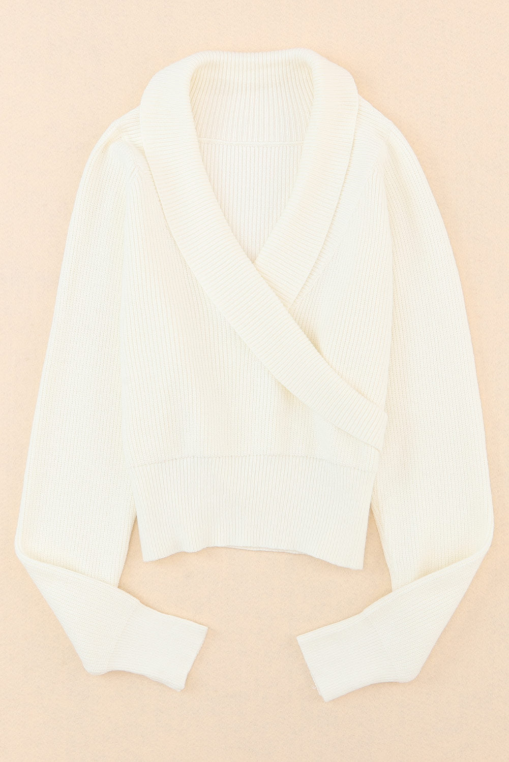 Beige Ribbed Long Sleeve Surplice Crop Sweater