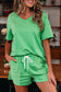 Mint Green V Neck Drop Shoulder Tee and Patchwork Drawstring Shorts Set