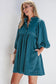 Blue Corduroy Snap Buttons Empire Waist Bracelet Sleeve Dress