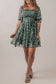 Green Smocked Square Neck Puff Short Sleeve Floral Dress
