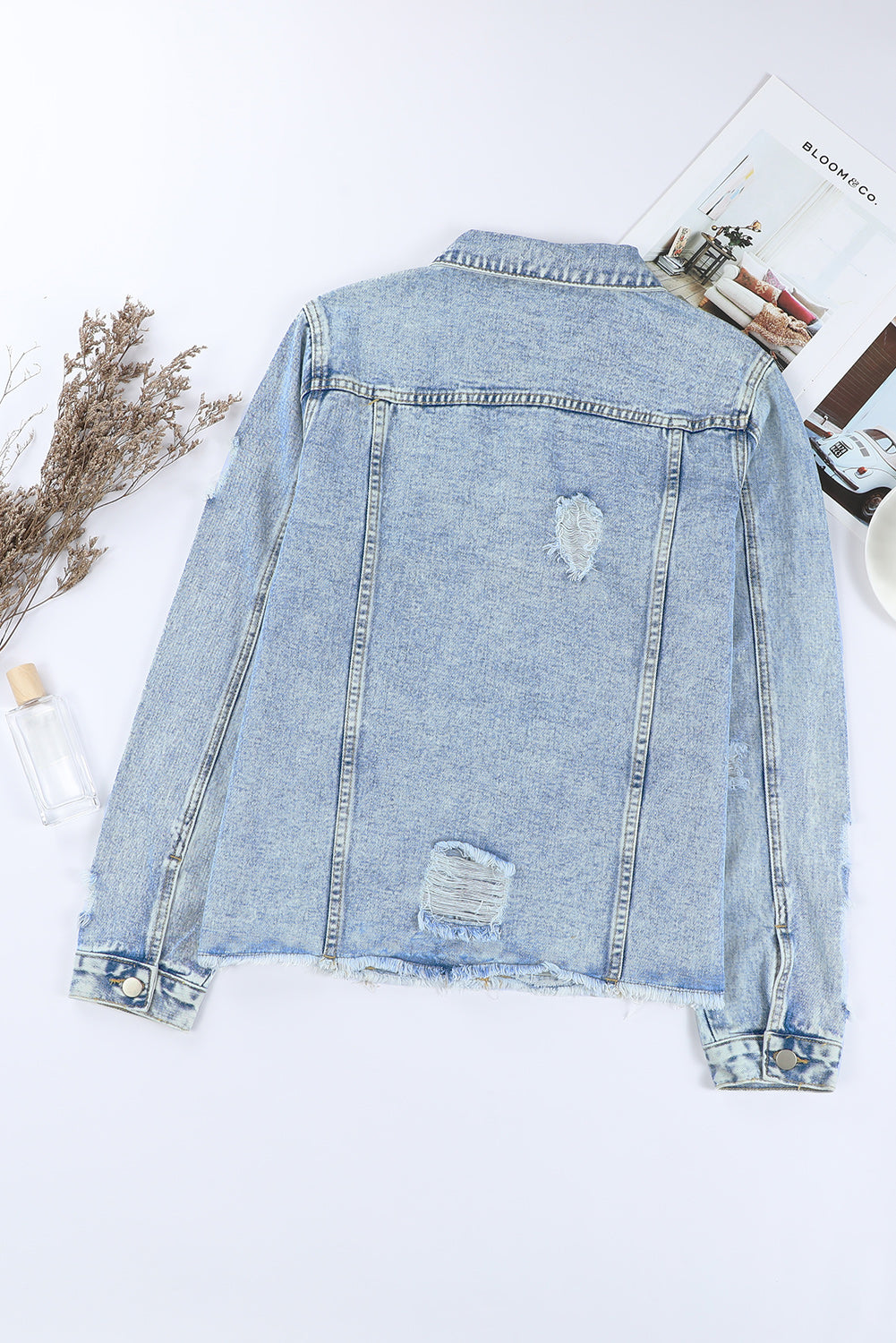 Sky Blue Lapel Distressed Raw Hem Denim Jacket