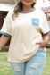Beige Raw Seam Contrast Color Patchwork Plus Size Top