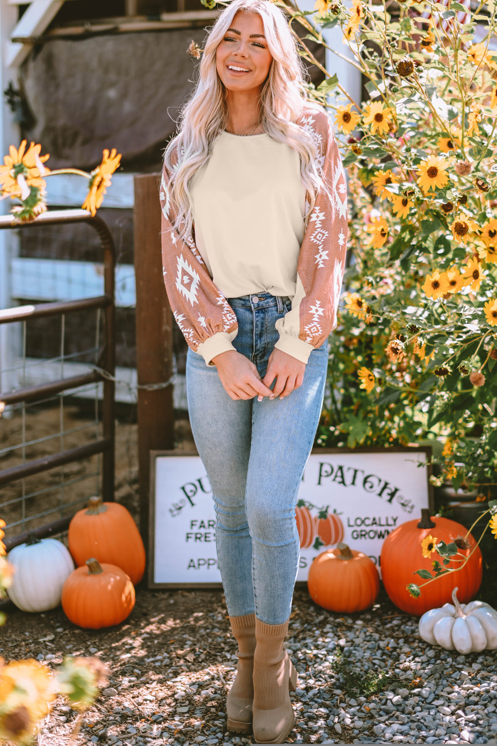 Apricot Western Print Long Sleeve Top