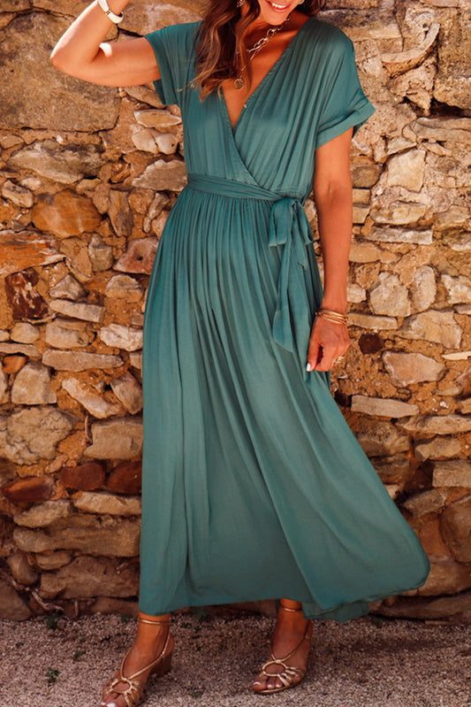 Wrapped V Neck Pleated Short Sleeve Green Maxi Dress