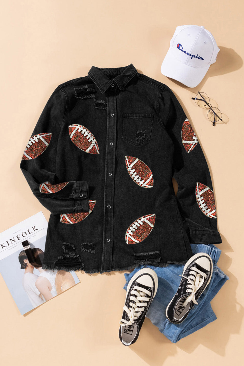 Black Sequined Football Graphic Frayed Denim Shacket