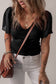Black Mesh Ruffled Sleeve Slim Fit V Neck Top