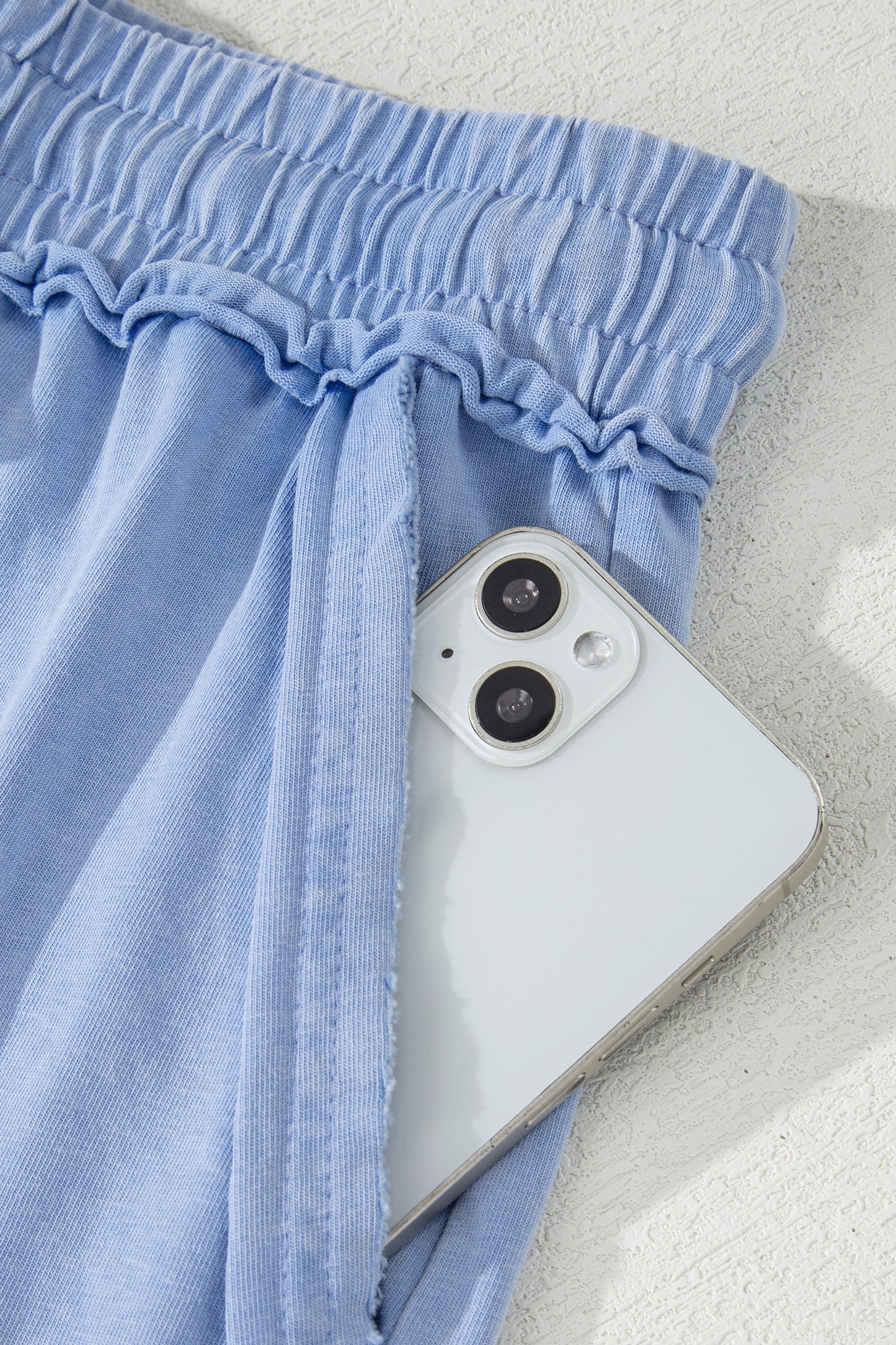 Sea Green Mineral Washed Drawstring Elastic Waist Raw Cut Shorts