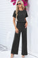 Black Ribbed Keyhole Short Sleeve Wide Leg Jumpsuit