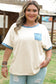 Beige Raw Seam Contrast Color Patchwork Plus Size Top