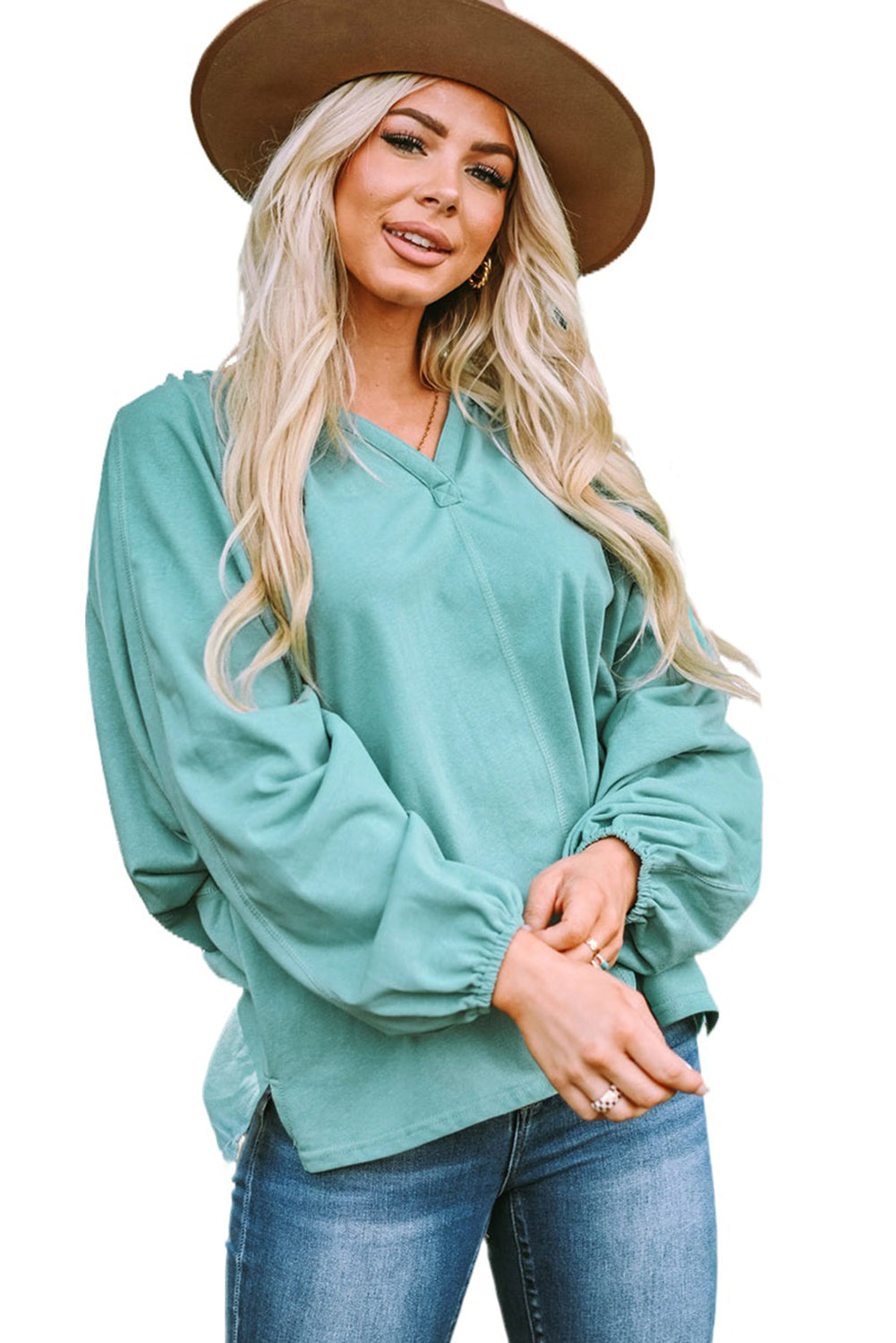 Split V Neck Green Dolman Top