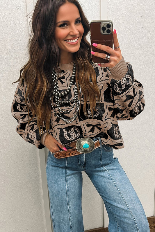 Black Bows & Horseshoes Pattern Western Fashion Print Sweater