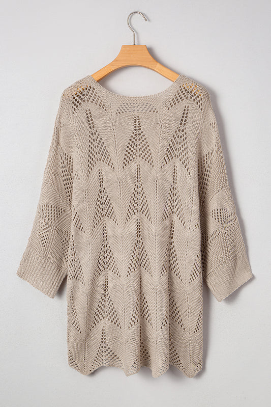 Seagrass Hollow Out Knit 7/8 Sleeve Casual Sweater