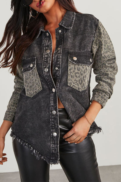 Leopard Pocket Vintage Raw Hem Black Denim Jacket