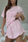 Pink Leopard Print Crew Neck Tee and Ruffled Shorts 2 Lounge Set