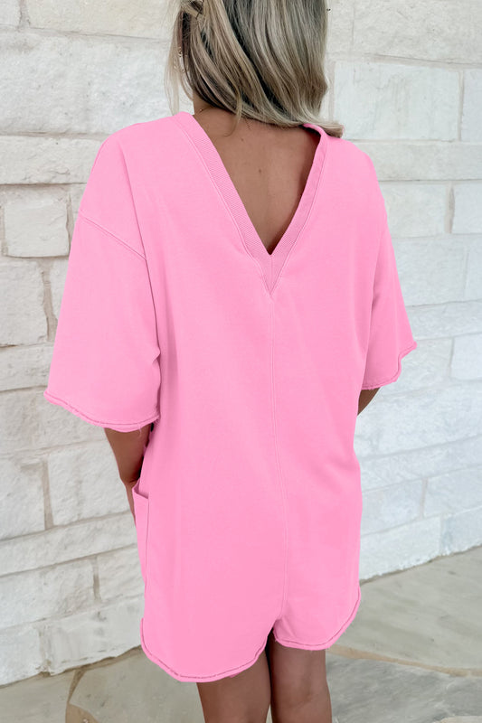 Pink Solid Color Raw Edge Half Sleeve Pocketed Loose Romper