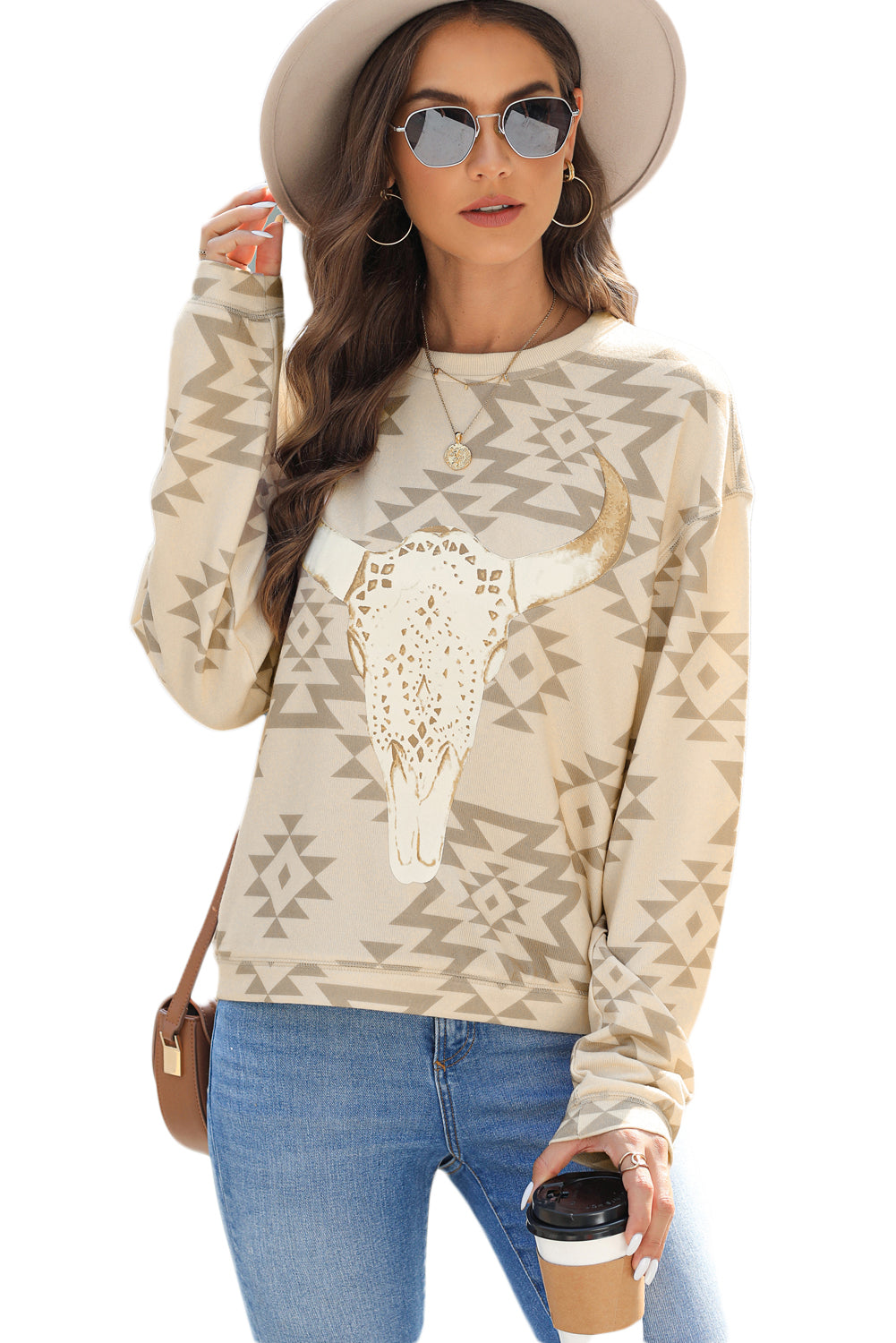 Steer Head Graphic Aztec Pullover Sweatshirt