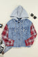 Beau Blue Plaid Print Patchwork Hooded Raw Hem Denim Jacket