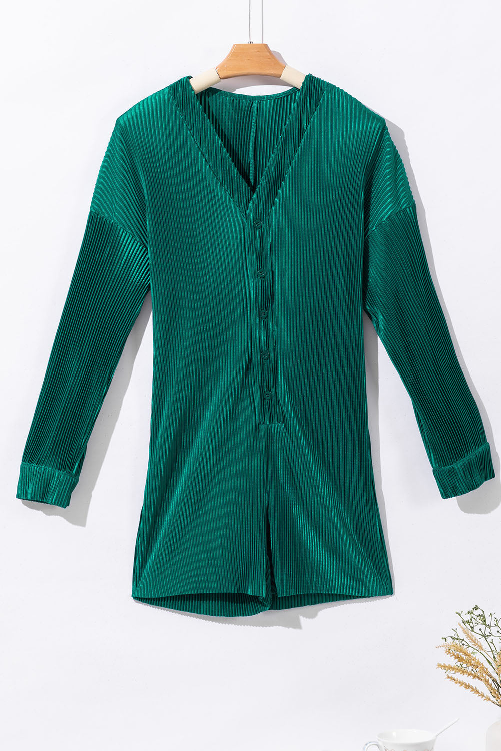 Sea Green Ribbed Long Sleeve Button Front Romper