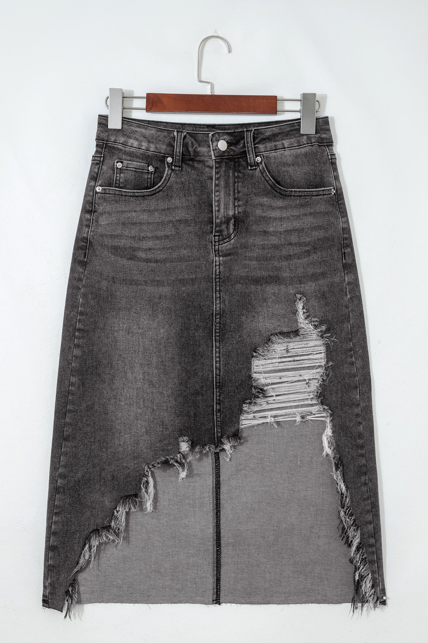 Sail Blue Dearlove Irregular Distressed Bottom Denim Midi Skirt