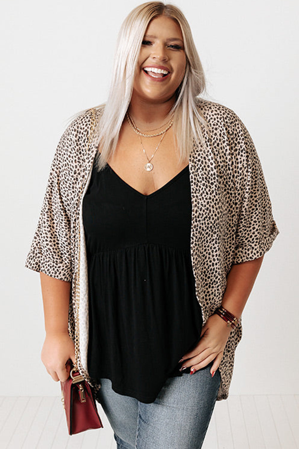 Khaki Plus Size Leopard Print Half Sleeve Open Front Cardigan