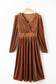 Camel Wrap V Neck High Waist Velvet Midi Dress