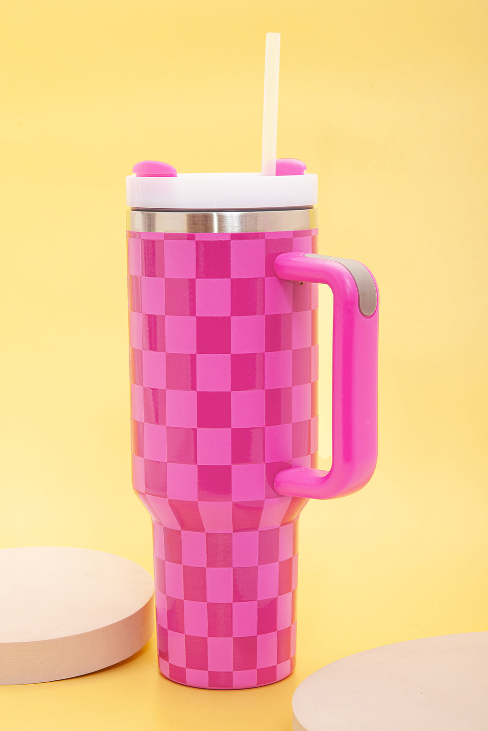 Bright Pink Checkered Print Handled Stainless Steel Tumbler Cup 40oz