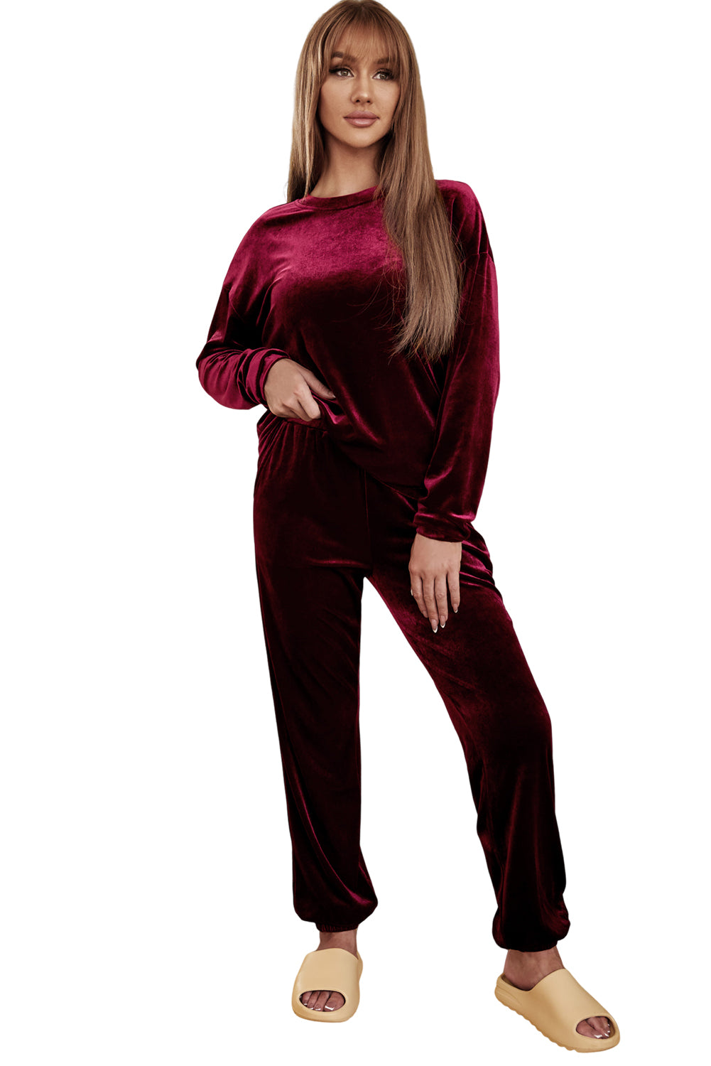 Red Solid Velvet Two Piece Lounge Set