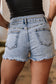 Beau Blue Rhinestone Light Wash Raw Hem High Waist Denim Shorts