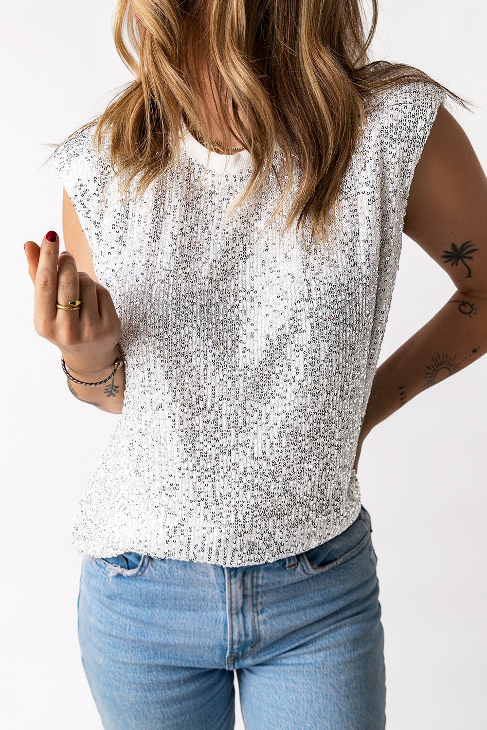 White Round Neck Sequin Tank Top