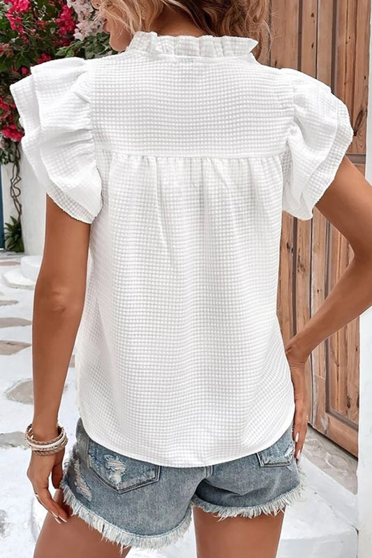 White Ruffle Accent Flutter Sleeve Notch Neck Top