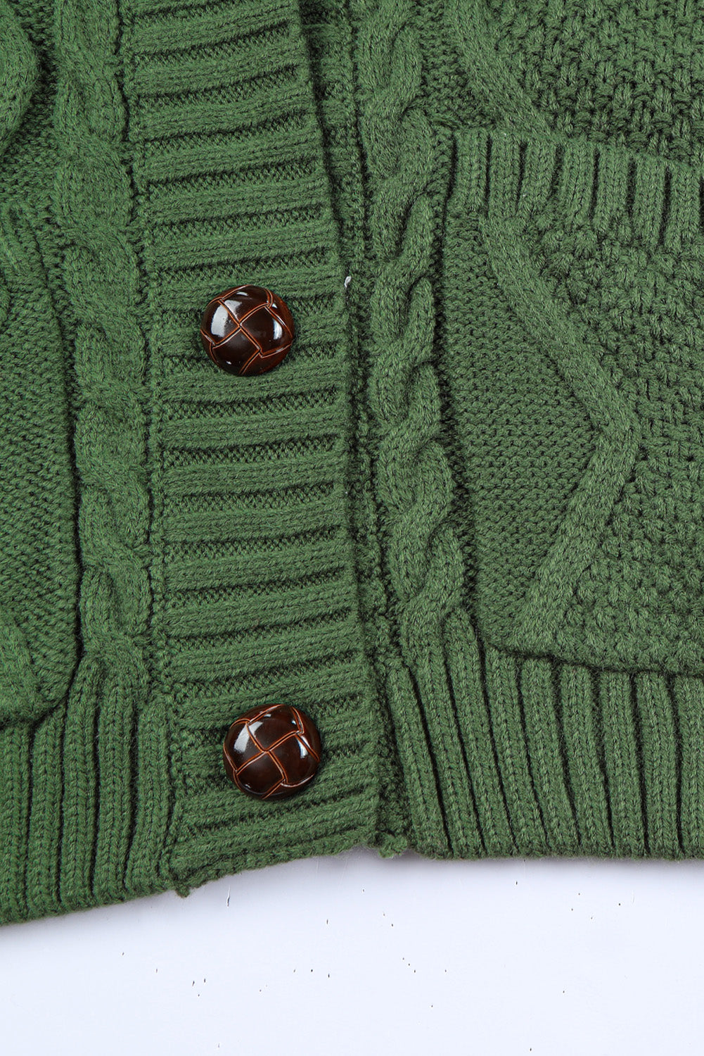 Green Front Pockets Buttons Textured Cardigan