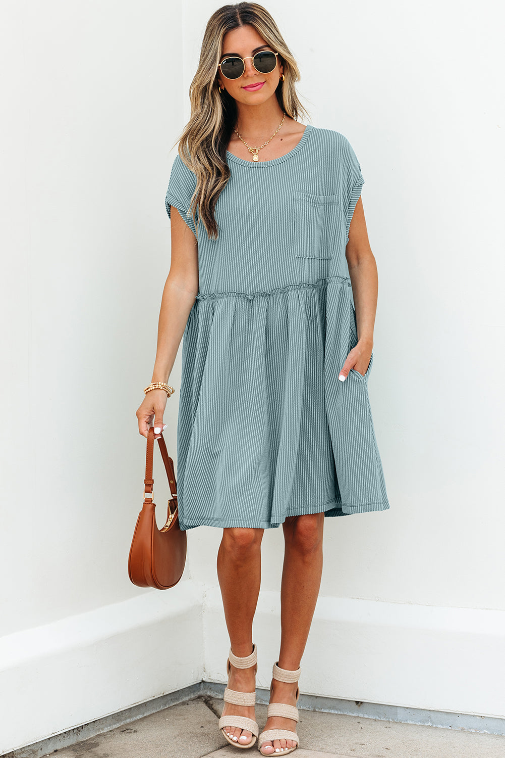 Dusty Pink Corded Knit Textured Patched Pocket Frilled Swing Mini Dress with Pockets